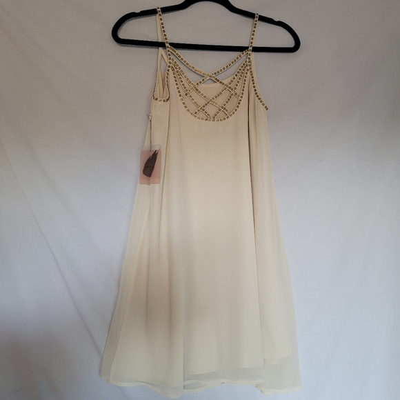 Cream White Small Flowy Short Summer Lined Dress Beaded Gold - Picture 4 of 9